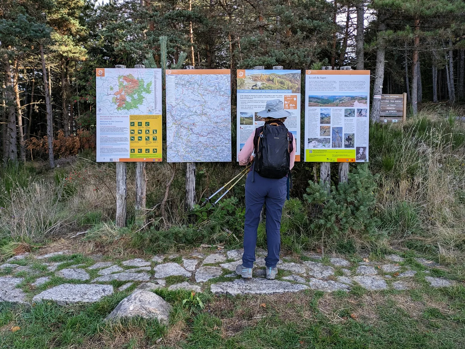 Wanderin prüft eine Übersichtskarte am Ausgangspunkt einer Route
